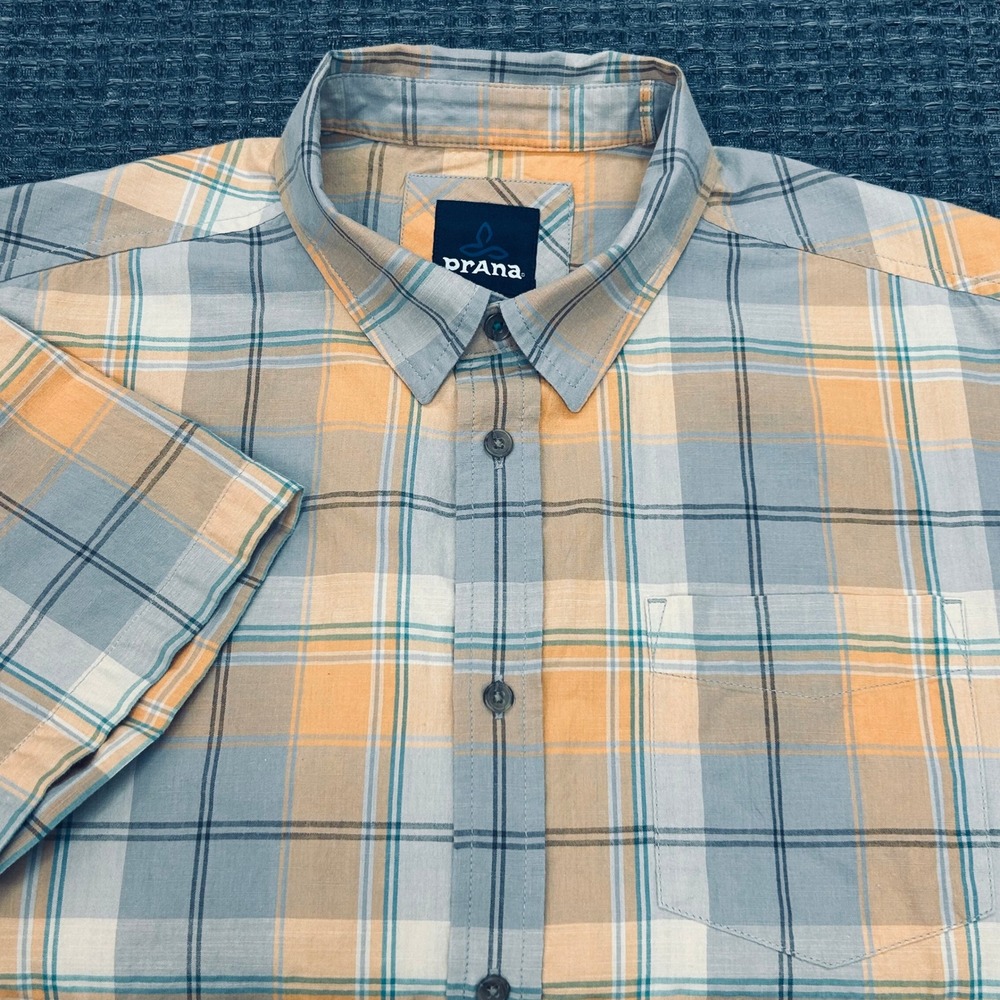 prAna Organic Cotton Shirt Mens L Madras Plaid Orange Blue Hiking Trail Gorpcore